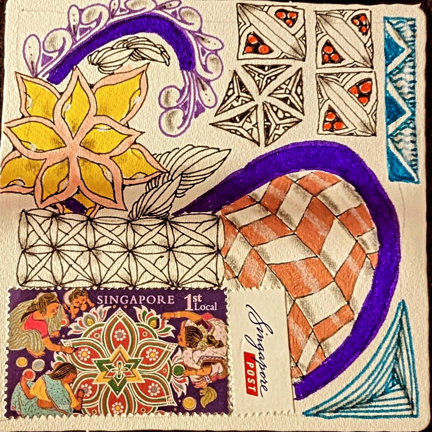 Hand-drawn tile with Singapore stamps, purple flowing ribbons and geometric Zentangle patterns