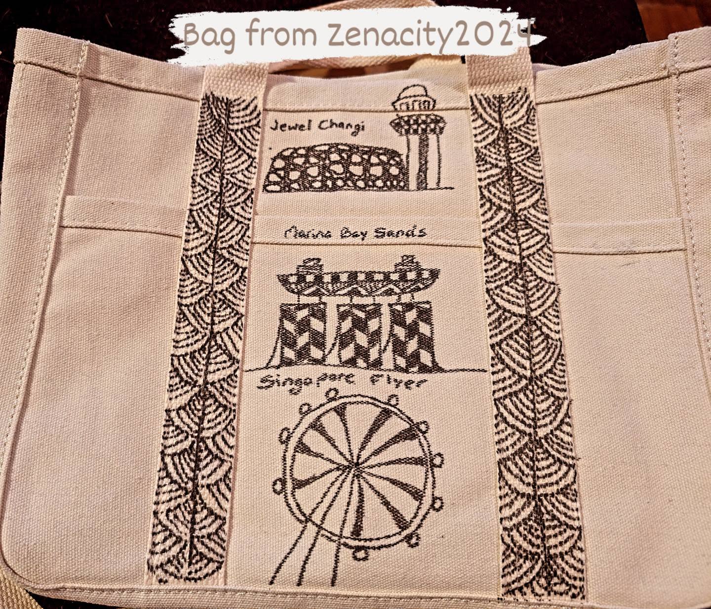 Canvas tote bag hand-drawn with tangled Singapore landmarks from Zenacity 2024