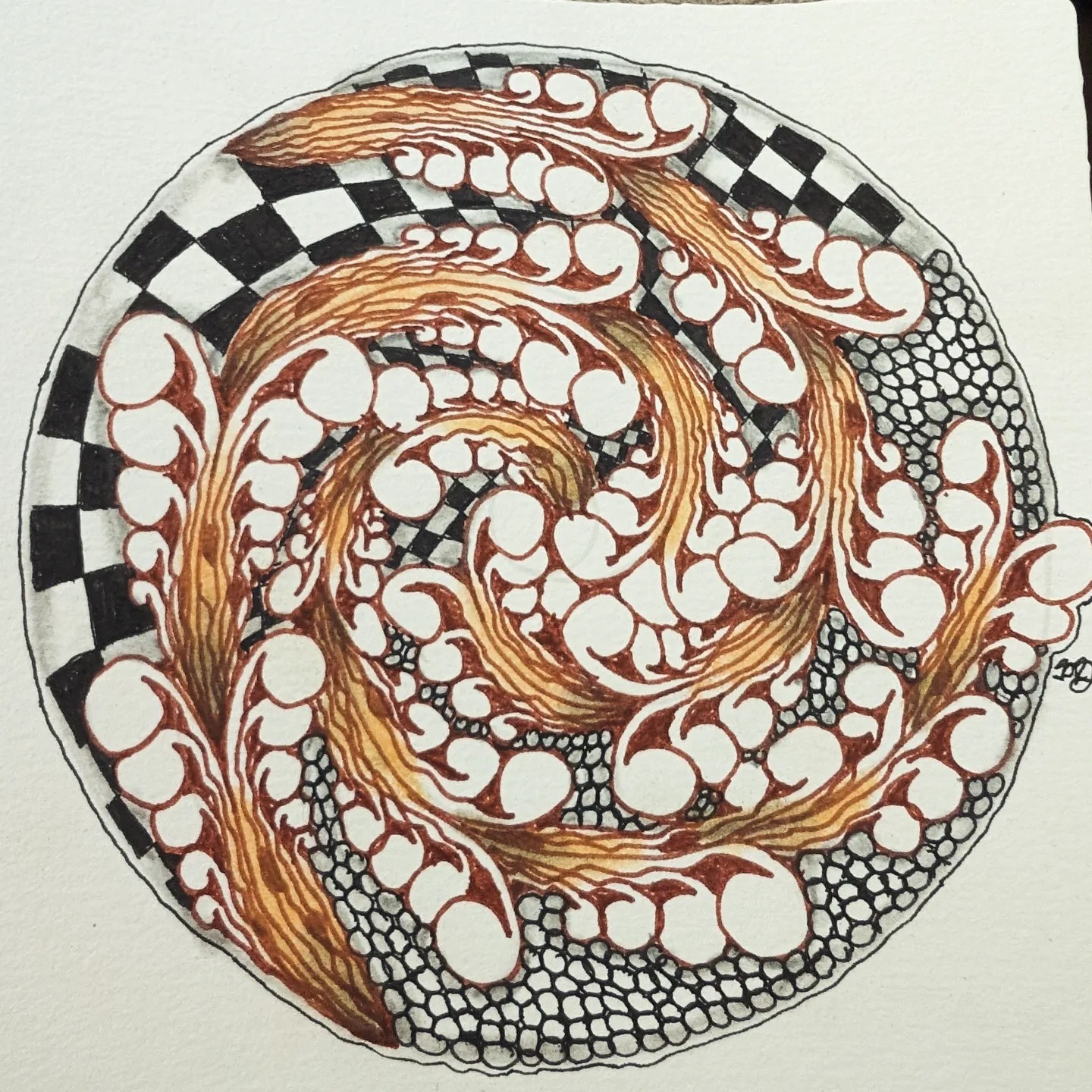 Round hand-drawn Zendala with sepia swirling ribbons and a black and white checkerboard border