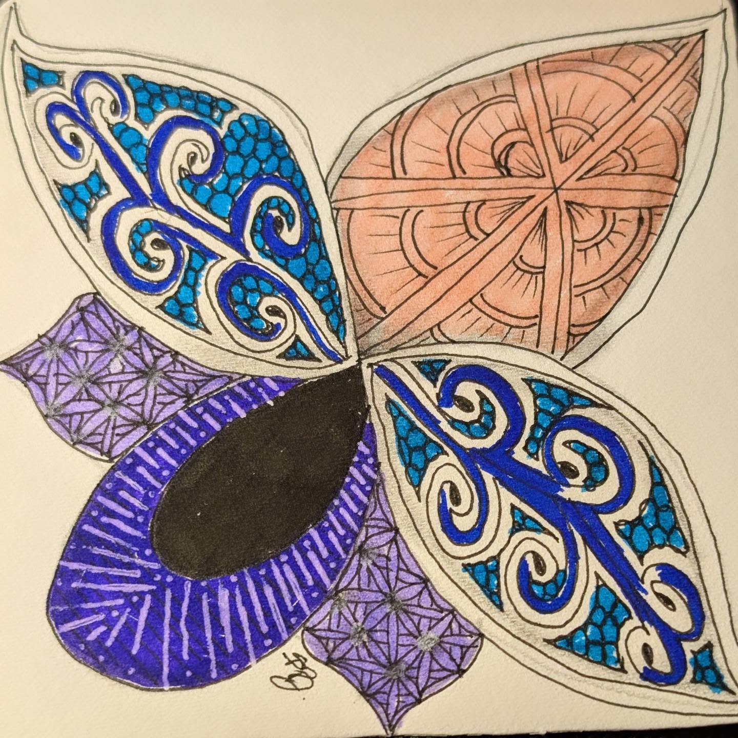 Hand-drawn butterfly with blue swirls, peach and lilac patterned wings on cream paper