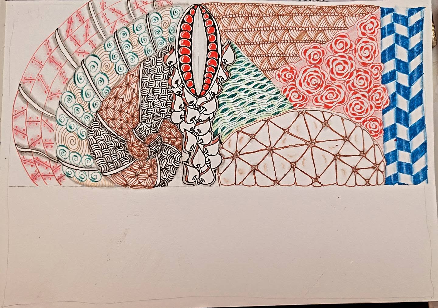 Hand-drawn colourful Zentangle pattern sampler with roses, waves and chevron sections