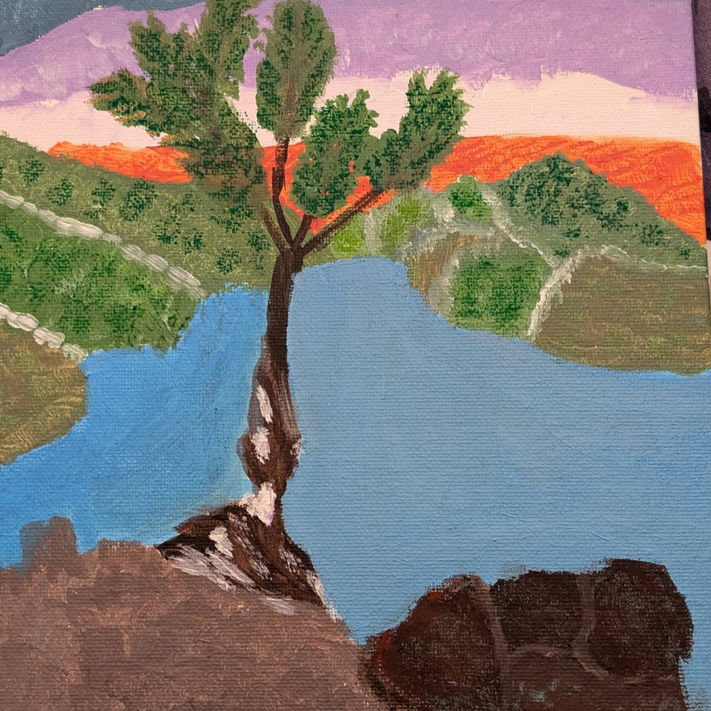 Hand-painted landscape of a tree beside a calm blue river under a lilac sky