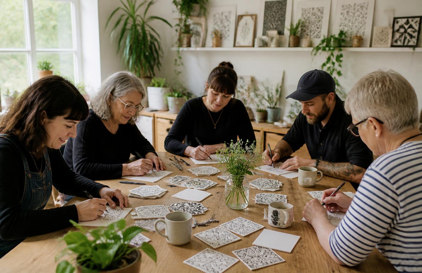 A mixed group of adults drawing Zentangle tiles around a timber table in a bright studio